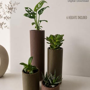 May include: Four cylindrical planters in shades of brown and green, with vertical ribbed detailing, holding various green plants. The image includes text that reads "modern planter" and "STL + BAMBU FILES". Digital download.
