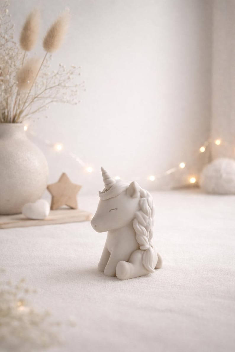 Może przedstawiać: Biała ceramiczna figurka jednorożca z zaplecioną grzywą i spiralnym rogiem. Jednorożec siedzi, z głową obr&oacute;coną na bok. Tło obejmuje wazon z suszonymi kwiatami, gwiazdę i serce.