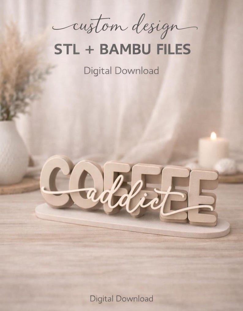 May include: A digital download featuring a custom design for 3D printing. The text reads "COFFEE" in large, beige, block letters with the word "addict" in a white, cursive script layered over the front, all mounted on a flat, oval base.