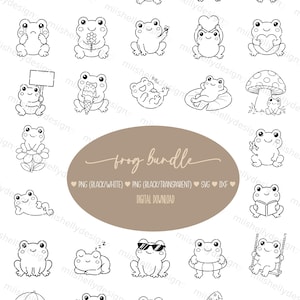 May include: A digital collection of black and white line art illustrations featuring various frogs in different poses and outfits, including a frog with a mushroom, a frog with a sign, and a frog with a wand, centered around a brown oval label.