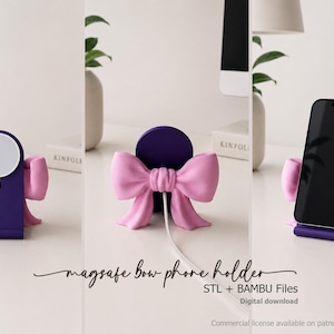 May include: A dark purple phone holder featuring a large, light pink bow design. The holder includes a circular white MagSafe charging mount and a base for supporting a smartphone. The text "magsafe bow phone holder" is printed below the images.