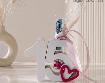 15th Birthday Gift | Money Holder & Vase | Bambu 3MF + STL | Birthday Number Decor | Digital Download
