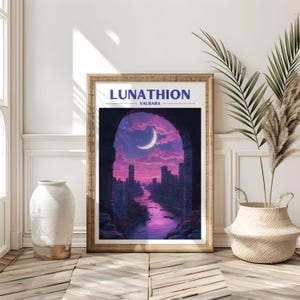 May include: A poster with the text "LUNATHION VALBARA" in a blue font on a white background. The poster features a digital illustration of a crescent moon in a purple sky over a city seen through an archway.