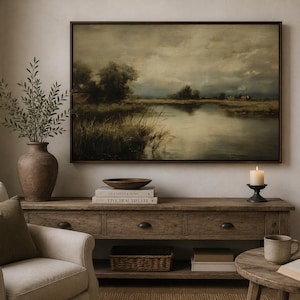 Antique Lake Landscape Print | Moody Countryside Painting | Vintage Farmhouse Wall Art