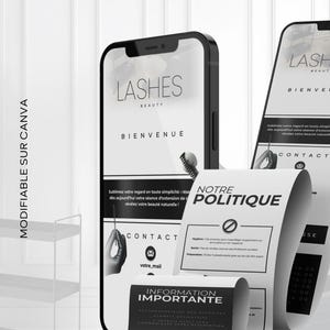 Peut inclure: Une maquette noir et blanc d'un écran de téléphone mobile affichant un site web pour une entreprise d'extensions de cils appelée "Lashes Beauty". Le site web présente un message de bienvenue en français, "Bienvenue", et un bouton de contact avec une adresse e-mail. Le téléphone est placé sur une surface blanche avec une étagère blanche en arrière-plan.