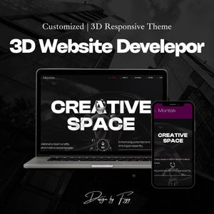 May include: A black and white image of a laptop and a smartphone displaying a website design mockup. The website design features the text "CREATIVE SPACE" in large, bold white letters. The text "Montek" appears in the top left corner of both the laptop and smartphone screens. The website design also includes the text "visionary team crafts transformative experiences" and "Enhancing potential and driving prosperity."
