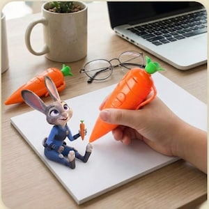 以下が含まれることがあります： 緑色の先端が付いたオレンジ色のニンジン型ペン。ズートピアのジュディ・ホップスの漫画のフィギュアがペンの隣にあります。他のニンジンペンとマグカップが、ラップトップとメガネのある木製の机の上にあります。