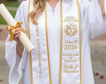 Custom Embroidered Graduation Stole, Any Major Personalized College Sash,  Trendy Cute Aesthetic Grad Gift Name,  Teen Style Chic Vibe