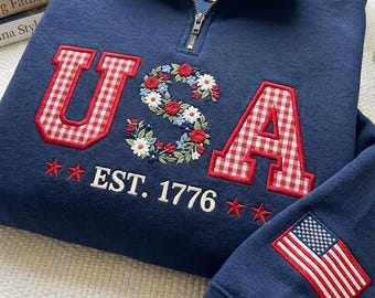 Embroidered Gingham Appliqué 4th of July Shirt, USA Fourth of July, America Anniversary Sweatshirt, American Floral Detail, USA Party Outfit