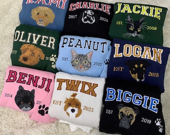 Personalisiertes Hunde Sweatshirt gestickter Hundename, personalisiertes Pet Face Shirt von Ihrem Foto, gestickter Katzen Hund Rundhalsausschnitt, Geschenke für Hundeliebhaber
