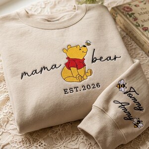 Embroidered Mama Bear Sweatshirt, Personalized Embroidered Mama Bear Shirt With Kids Names Sleeve, Mama Cartoon Tee, Best Mom Gift, Mom Gift