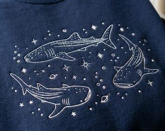Embroidered Whale Shark Sweatshirt, Summer Beach Shirt, Ocean Animal Tee, Celestial Ocean Animal Apparel, Marine Lift Gift Idea