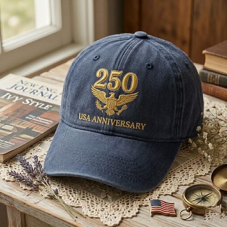 May include: A navy blue baseball cap with gold embroidery. The cap features the number "250" above an eagle emblem, with "USA ANNIVERSARY" below. The hat is on a wooden surface with a magazine and a small American flag.