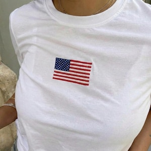 American Flag Embroidered Fitted Tee, USA Pride Embroidered Slim Tee, Fourth of July USA, Vintage Inspired USA Flag Shirt
