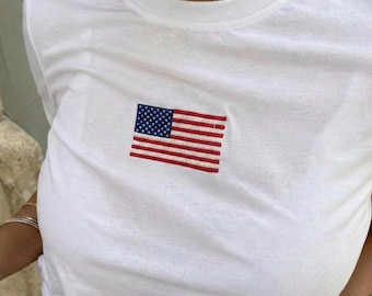 American Flag Embroidered Fitted Tee, USA Pride Embroidered Slim Tee, Fourth of July USA, Vintage Inspired USA Flag Shirt