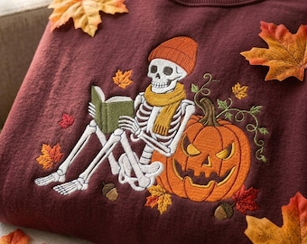 Skeleton Reading Book Embroidered Shirt, Skeleton Coffee Shirt, Book Lover Tee, Halloween Skeleton Tee, Fall Vibe Gift, Thanksgiving Gift