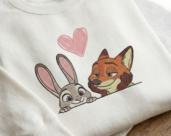 Bunny and Fox Embroidered Sweatshirt, Movie Cartoon Movie Embroidered Crewneck, Cartoon Couple Embroidered Shirt, Valentine Gift For Couple