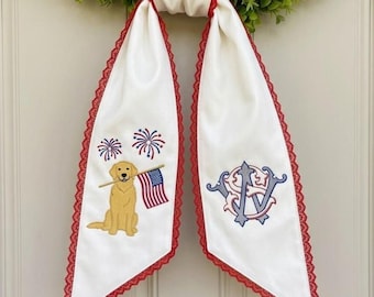 Embroidered Personalized Monogram Wreath Sash, Embroidered USA Dog, American Flag, Seersucker Door Decor, USA Wreath Sash, 250th Anniversary