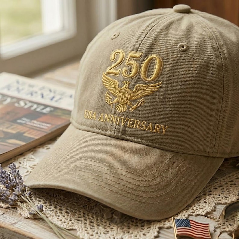 May include: A khaki baseball cap with the text "250 USA ANNIVERSARY" embroidered in gold. The design includes a golden eagle emblem. The cap is sitting on a table next to a magazine and a small American flag.