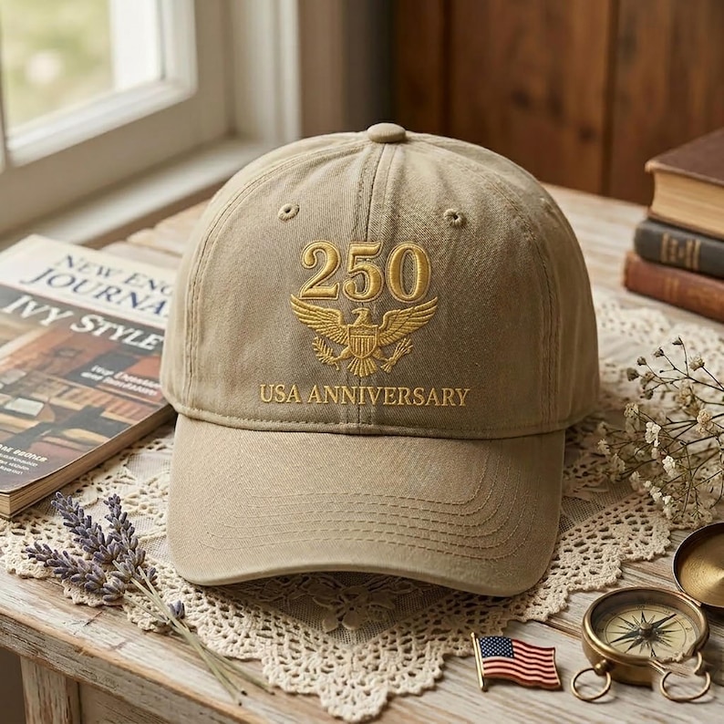 May include: A tan baseball cap with the text "250 USA ANNIVERSARY" embroidered in gold. The design includes a gold eagle emblem. The cap is sitting on a wooden surface with a book and other decorative items.