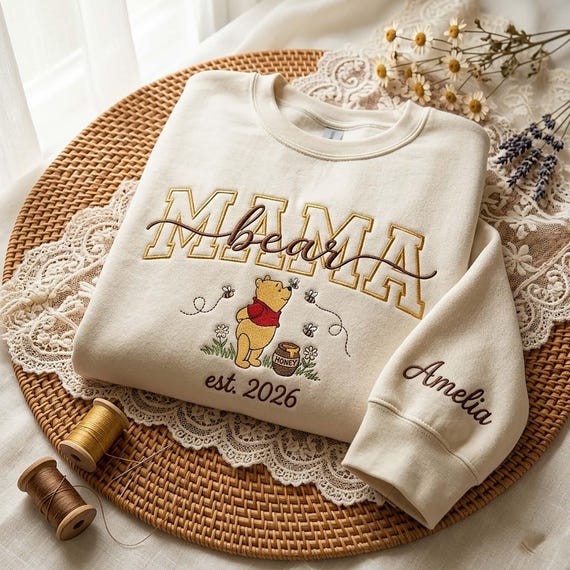 Embroidered Custom Mama Bear Sweatshirt, Mama Est 2026 Shirt, Personalized New Mom Gift, Mama Cartoon Tee, Castle Mom Crewneck