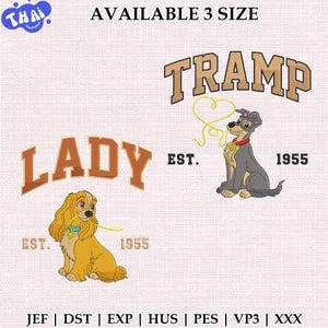 Könnte beinhalten: Gesticktes Design mit den Wörtern "LADY" und "TRAMP" mit Bildern der Charaktere aus dem Disney-Film. Enthält den Text "EST. 1955" und den Satz "AVAILABLE 3 SIZE". Das Design ist in Braun-, Gelb- und Grautönen gehalten.