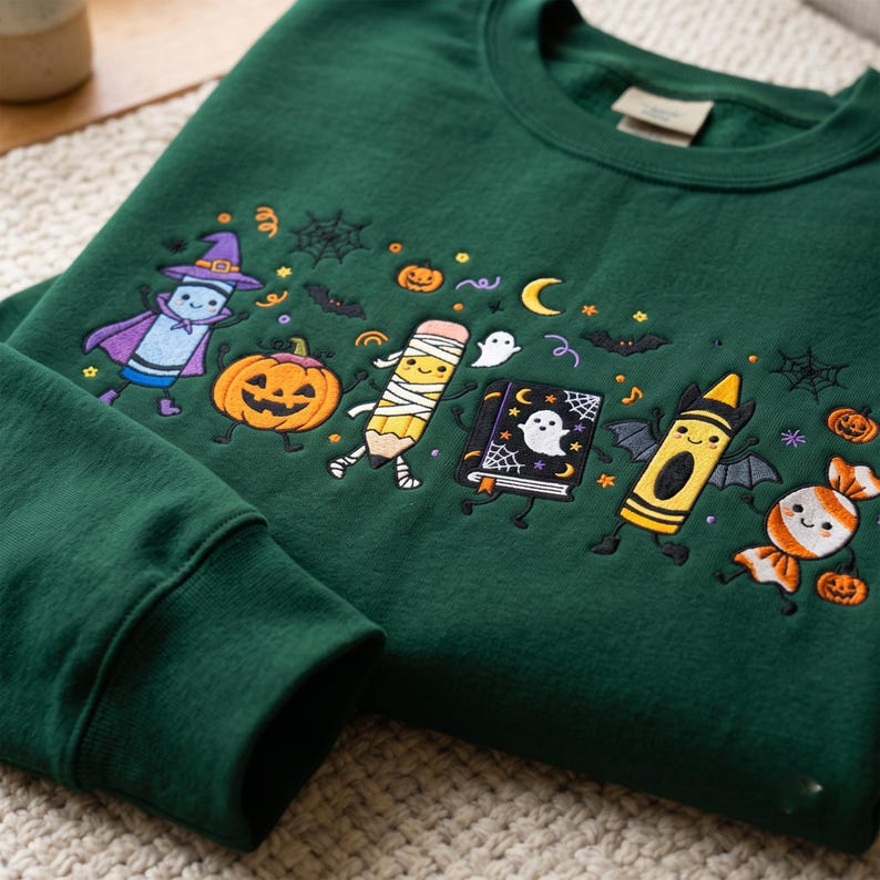 Halloween Teacher Embroidered Sweatshirt, Funny Teacher Life Shirt, Teacher School Supplies Shirt, Back To School Gift, Spooky Season Gift image 3