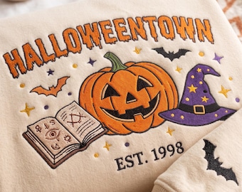 Vintage Embroidered Halloween Sweatshirt, Spooky Village Shirt, Haunted House Pumpkin Shirt, Retro Fall Halloween Shirt, Gift For Her