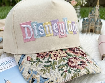 Embroidered Magical Land 2026 Floral Hat, Pastel Castle Embroidered Floral Brim Hat, Castle Trip Hat, Girls Trip Outfit, Magical Park Hat