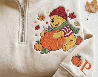 Vintage Honey Bear Embroidered Quarter Zip Sweatshirt, Spooky Season Pullover, Custom Name On Sleeve Shirt, Magical Land Fall Inspired Gift