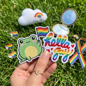 May include: An embroidered patch featuring a light green frog with a yellow belly holding a rainbow flag, next to the text "hella gay" in rainbow-coloured script with small red hearts, all on a white background with a finished edge.