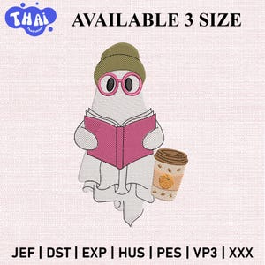 Little Ghost Reading Embroidery Design, Halloween Bookish Ghost Stitch File, Boo Machine Embroidery for Book Lovers, Instant Download