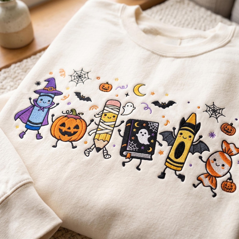 May include: A cream-colored crewneck sweatshirt featuring colorful embroidered Halloween-themed characters including a crayon dressed as a wizard, a jack-o'-lantern, a mummy pencil, a ghost book, a bat-winged crayon, and a candy piece.