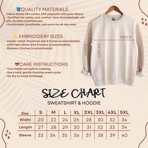 Op de afbeelding: Een beige sweatshirt op een hanger, met afmetingen voor breedte, lengte en mouwlengte. De afbeelding bevat een maattabel voor sweatshirts en hoodies, met details van maten van S tot 5XL, en wasvoorschriften.