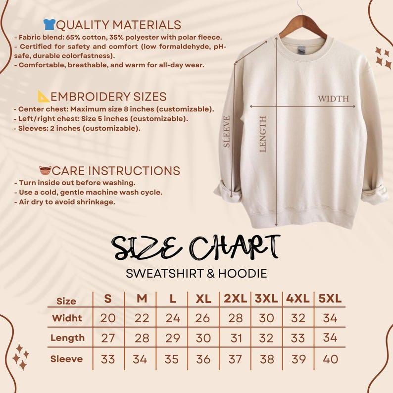 Op de afbeelding: Een beige sweatshirt op een hanger, met afmetingen voor breedte, lengte en mouwlengte. De afbeelding bevat een maattabel voor sweatshirts en hoodies, met details van maten van S tot 5XL, en wasvoorschriften.