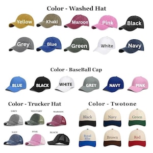 May include: A collection of baseball caps in various colors, including yellow, khaki, maroon, pink, and black. Other colors include grey, blue, green, white, and navy. Styles include washed hats, baseball caps, trucker hats, and two-tone designs.