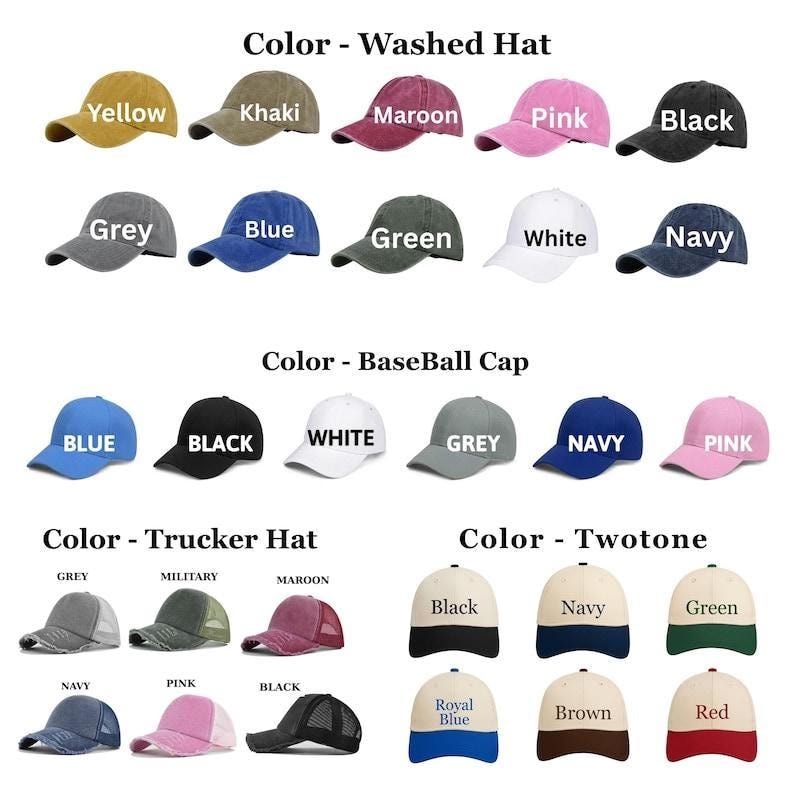 May include: A collection of baseball caps in various colors, including yellow, khaki, maroon, pink, and black. Other colors include grey, blue, green, white, and navy. Styles include washed hats, baseball caps, trucker hats, and two-tone designs.