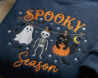 Preppy Spooky Season Embroidered Sweatshirt, Preppy Ghost Skeleton Black Cat Crewneck, Trendy Fall Season Tee, Girly Halloween Gift