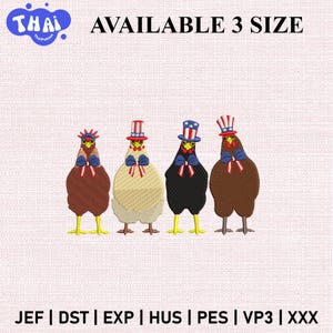 Chickens Embroidery Design, 4th of July Hen and Rooster Pattern, Independence Day Farmhouse Stitch, Patriotic Chicken Machine Embroidery