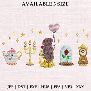 May include: An embroidered design featuring characters and objects from a fairy tale. Includes a teapot, candelabra, a figure holding a rose, a rose in a glass dome, a clock, stars, and a heart-shaped balloon. The text "AVAILABLE 3 SIZE" is at the top.