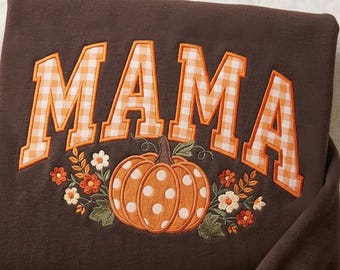 Retro Mama Pumpkin Broderad Sweatshirt, Anpassad Höstmamma Crewneck, Trendig Höst Gingham Mama-Tröja, Thanksgiving-present, Mors dag-present