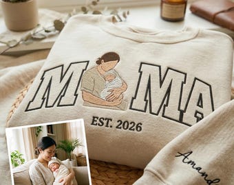Benutzerdefiniertes Mama-Porträt vom Foto-Sweatshirt, gestickter Mama und Kinder-Foto-Filling-Sketch-Pullover, Mama Est Date Pullover, New Mom Geschenk