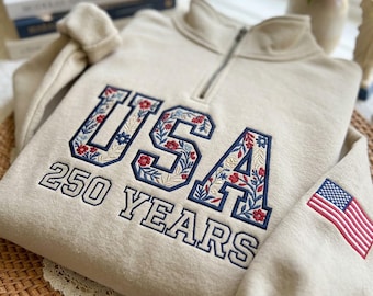 Embroidered USA 250th Anniversary Floral Sweatshirt,USA Flag Crewneck, Usa 250th Anniversary Independence Day Tee,4th of July Patriotic Gift