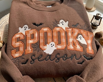 Spooky Season Embroidered Sweatshirt, Coquette Halloween Crewneck, Striped Halloween Ghost Applique Tee, Halloween Gift, Cozy Season Gift