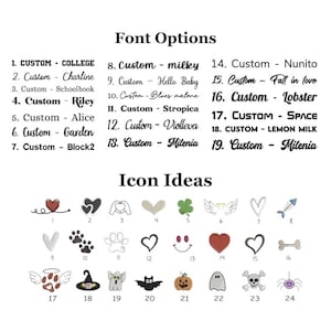 Op de afbeelding: Een witte achtergrond toont lettertype-opties en icoonidee&euml;n. Lettertype-opties zijn onder meer stijlen als "College" en "Milky". Icoonidee&euml;n bevatten harten, pootafdrukken en Halloween-thema-afbeeldingen. De tekst is zwart.