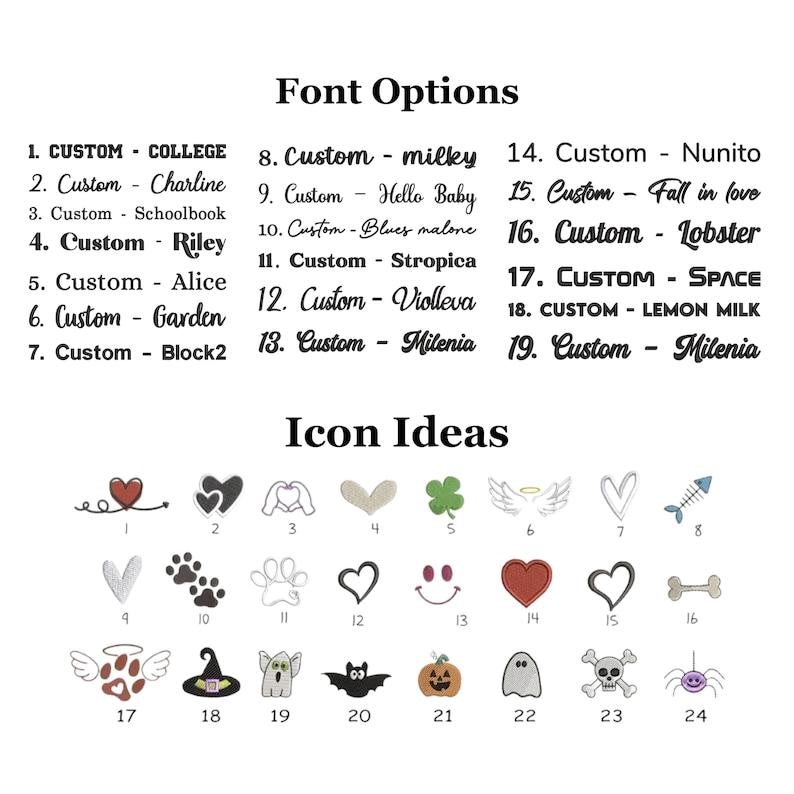 Op de afbeelding: Een witte achtergrond toont lettertype-opties en icoonidee&euml;n. Lettertype-opties zijn onder meer stijlen als "College" en "Milky". Icoonidee&euml;n bevatten harten, pootafdrukken en Halloween-thema-afbeeldingen. De tekst is zwart.