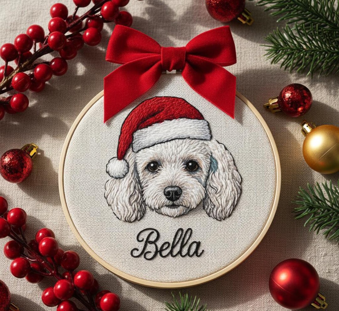 Custom Pet Embroidered Ornament, Dog Portrait Christmas Keepsake ... - Embroidered Pet Crate Liners With Customized Ornaments