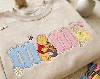 Geborduurd mama-beer-sweater, mama-cartoont-shirt, kasteelmoeder ronde hals, verjaardagsshirt voor moeder, cadeau nieuwe moeder