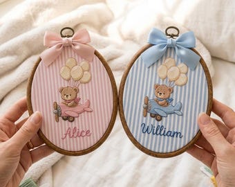 Personalized Embroidered Teddy Bear Little Boy Girl Name Hoop, Name Reveal Sign Heirloom, Nursery Wall Decor, New Arrival Party Keepsake