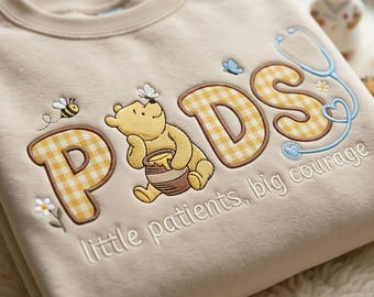 Embroidered Gingham Appliqué Bear Pediatric Nurse Sweatshirt, Peds Nurse Crewneck, Cartoon Nurse Shirt, Pediatric RN Gift, Cozy Nurse Outfit